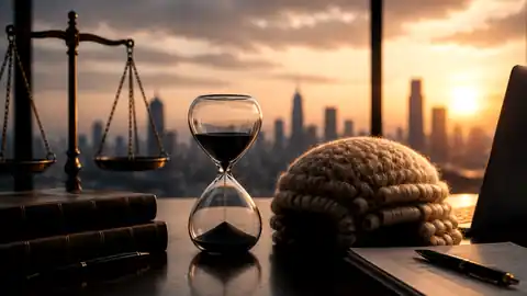 Law, time and legal operations article cover with scales, hourglass and barrister wig